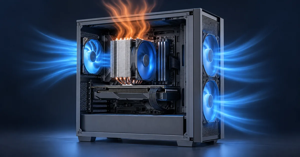 Illustration of a desktop CPU cooler and case fans with blue airflow and orange heat trails