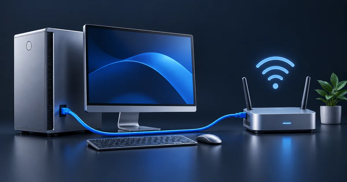 Illustration of a desktop PC connected to a Wi-Fi router by an Ethernet cable