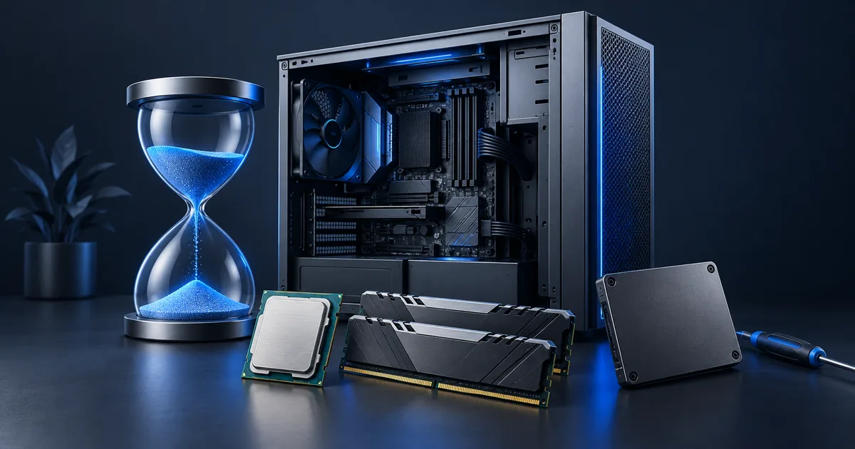 Illustration of a desktop PC, processor, RAM and SSD beside an hourglass