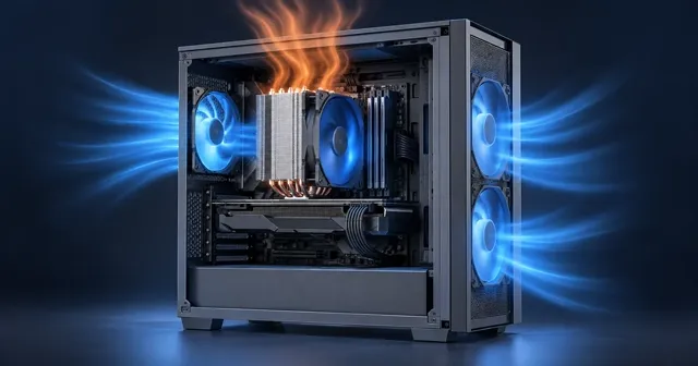 Illustration of a desktop CPU cooler and case fans with blue airflow and orange heat trails