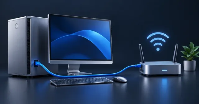 Illustration of a desktop PC connected to a Wi-Fi router by an Ethernet cable