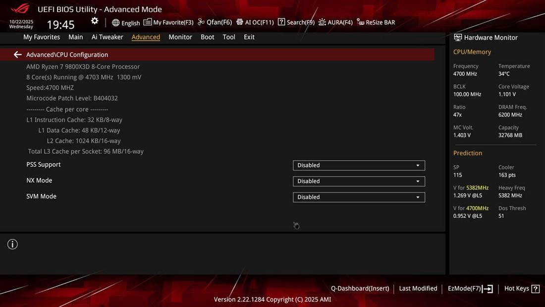 Advanced → CPU Configuration: AMD Ryzen 7 9800X3D detected. PSS Support and SVM Mode disabled; NX Mode should remain enabled.