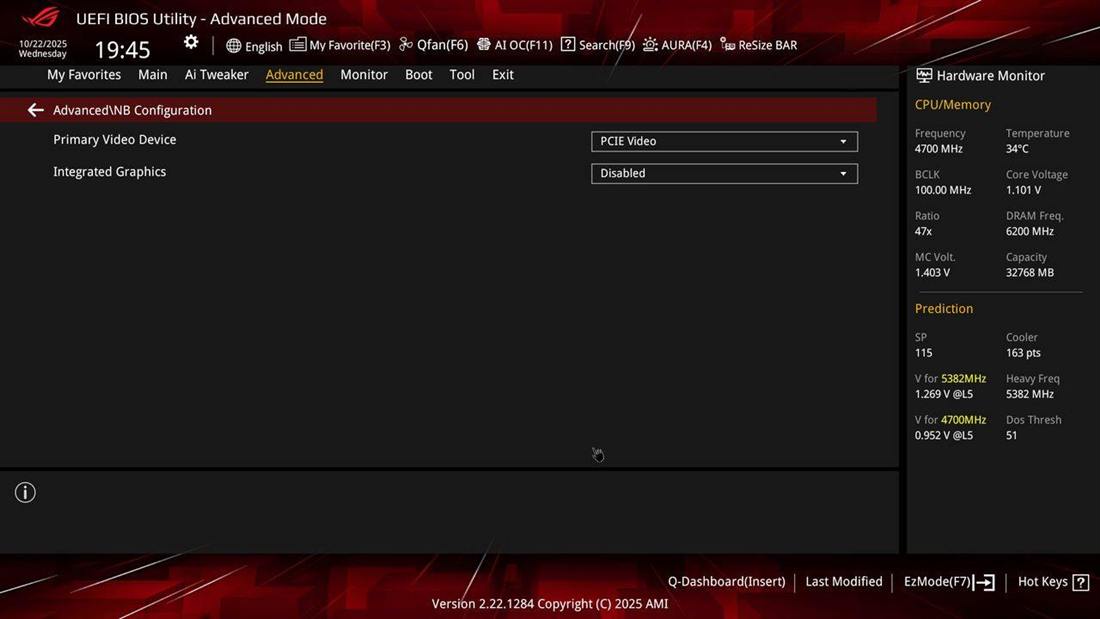 Advanced → NB Configuration: Primary Video Device = PCIE Video. Integrated Graphics Disabled.