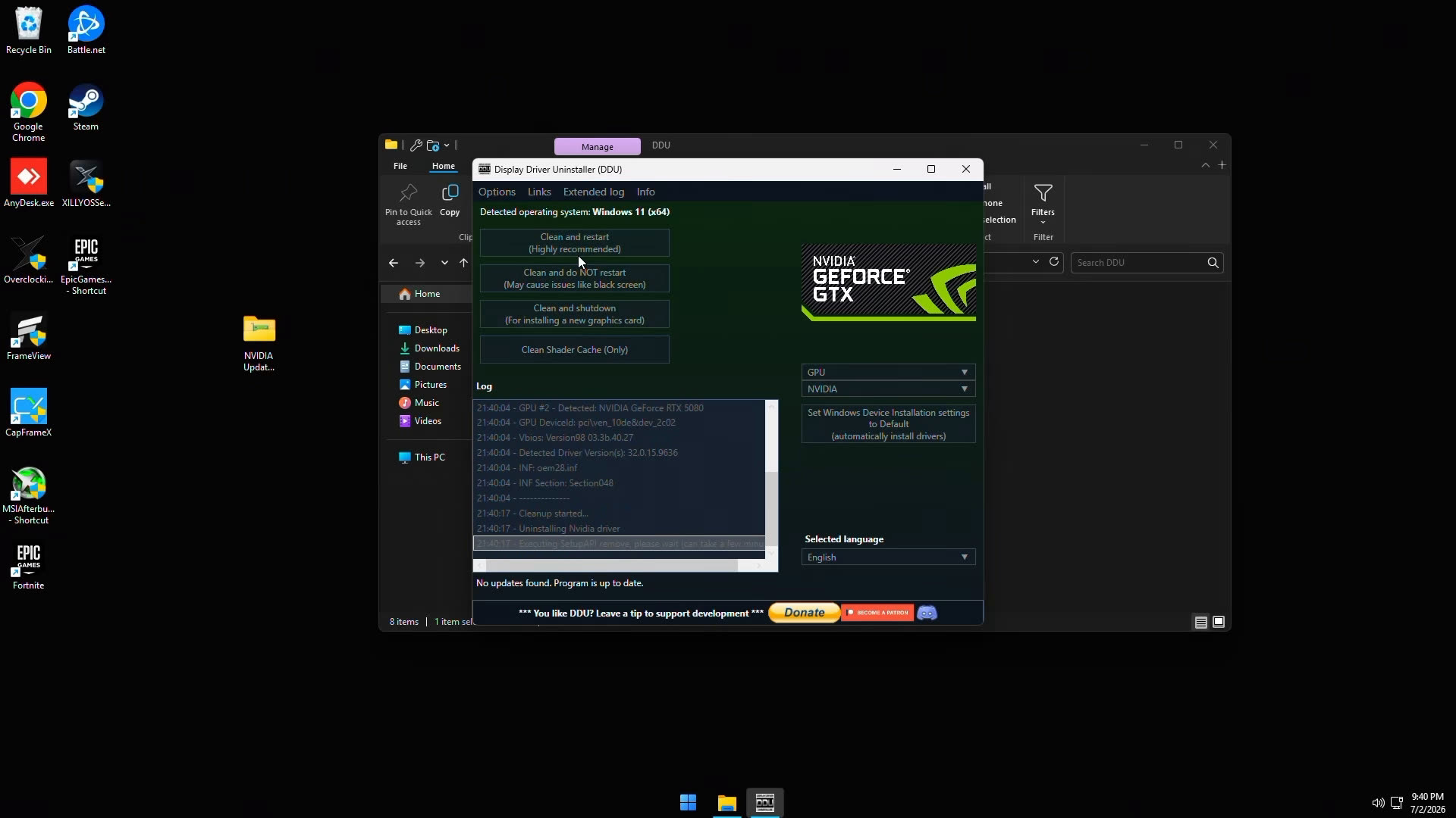 DDU with GPU and NVIDIA selected, Clean and Restart highlighted
