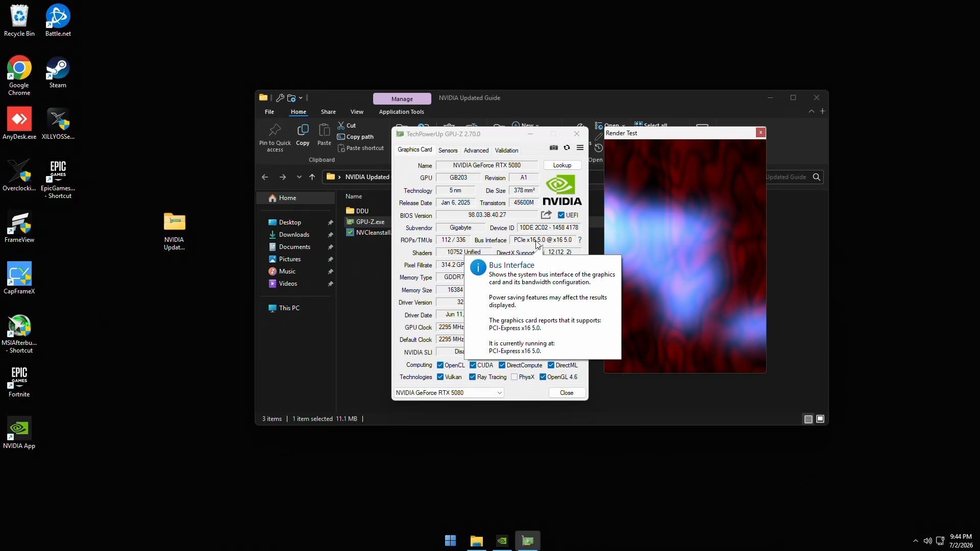 GPU-Z showing RTX 5080 running at PCIe x16 5.0 with the Bus Interface tooltip visible