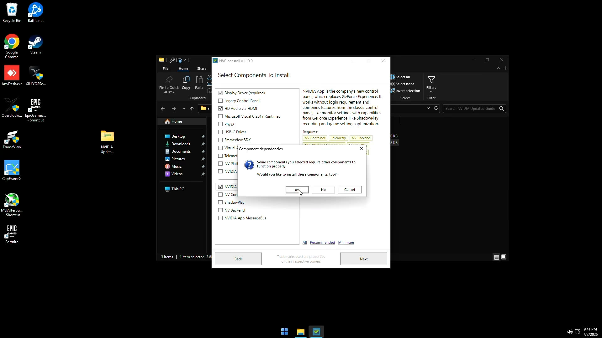 NVCleanstall component selection screen showing Display Driver checked and dependencies prompt