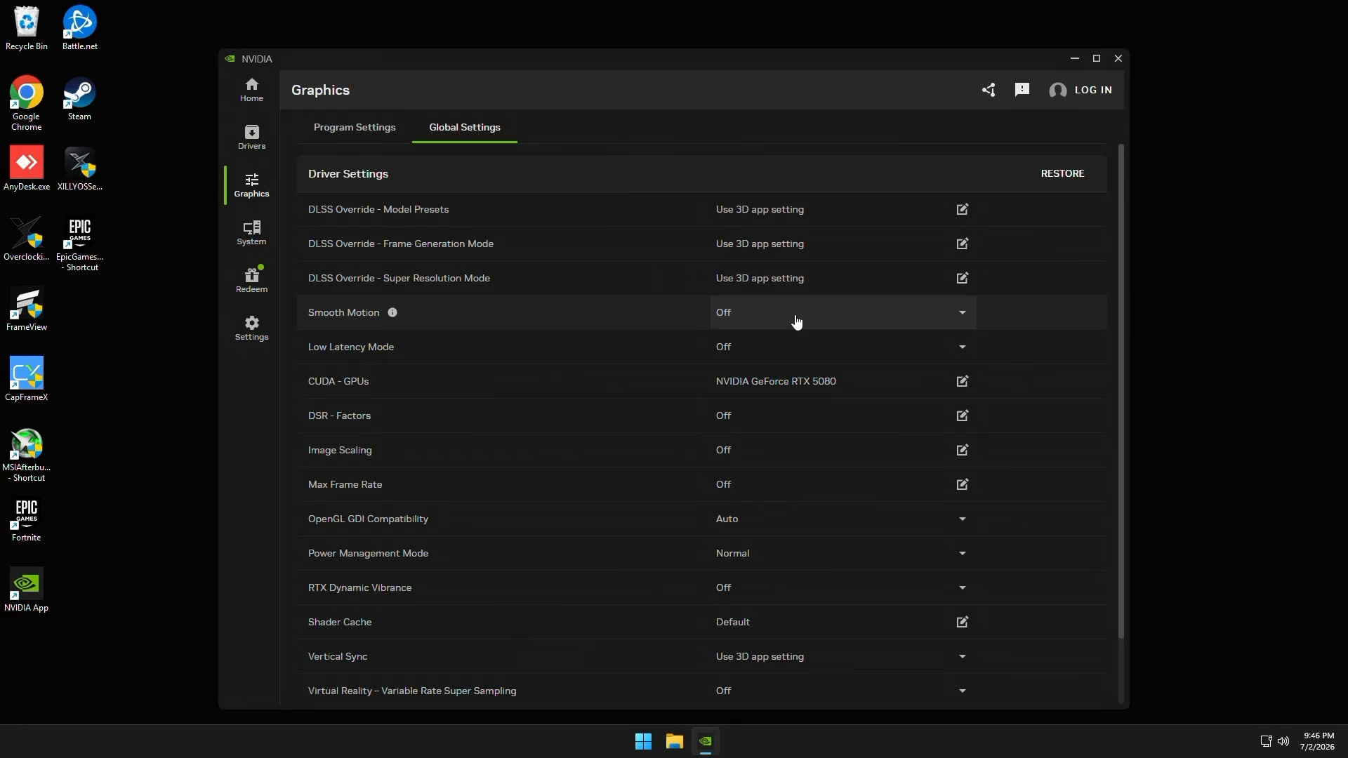 NVIDIA App Global Settings tab showing Smooth Motion, Low Latency Mode, and shader cache settings