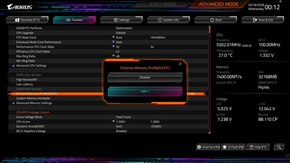 XMP 1 profile selection dialog in Gigabyte Z790 BIOS