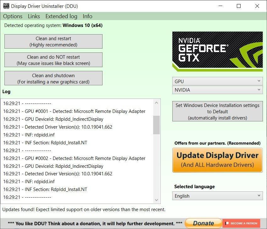 Display Driver Uninstaller (DDU) - GPU set to Nvidia, ready to Clean and Restart