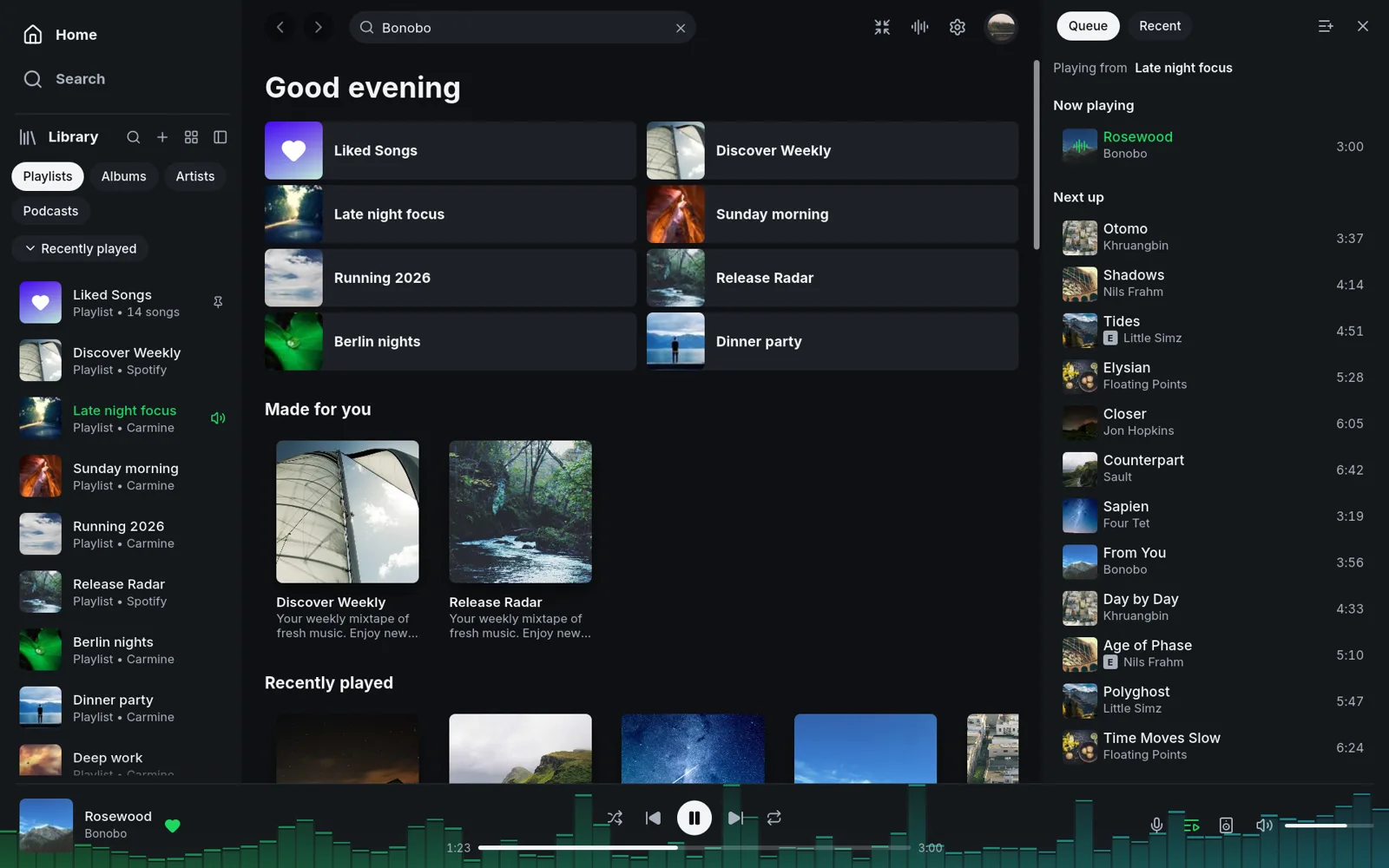 Spotifast main window with library, home feed and queue