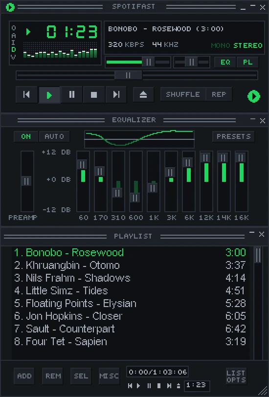 Spotifast Winamp-style mini player with equalizer and playlist